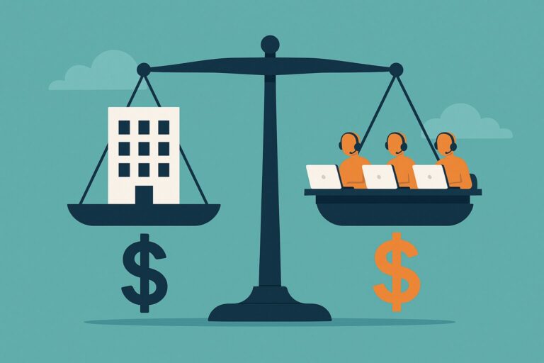 A frustrated Australian SME owner in Melbourne reviewing a high marketing budget, considering local vs offshore operations.