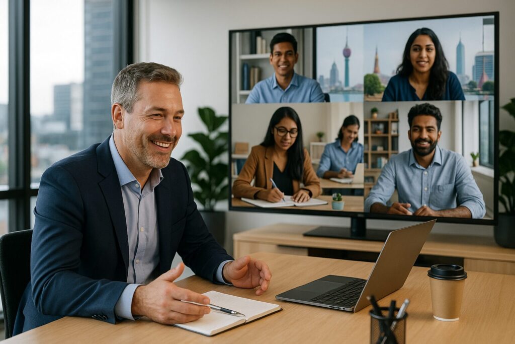 "Australian business owner planning a hybrid marketing strategy on a whiteboard