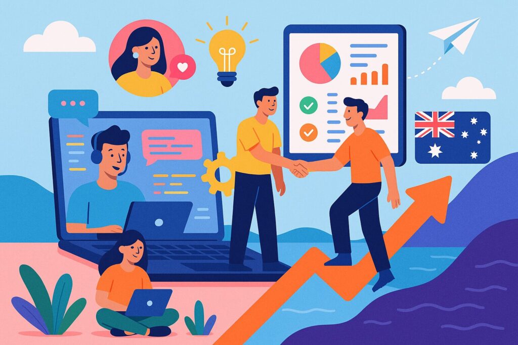 Australian CTO reviewing code on a screen with a remote team member on a video call.