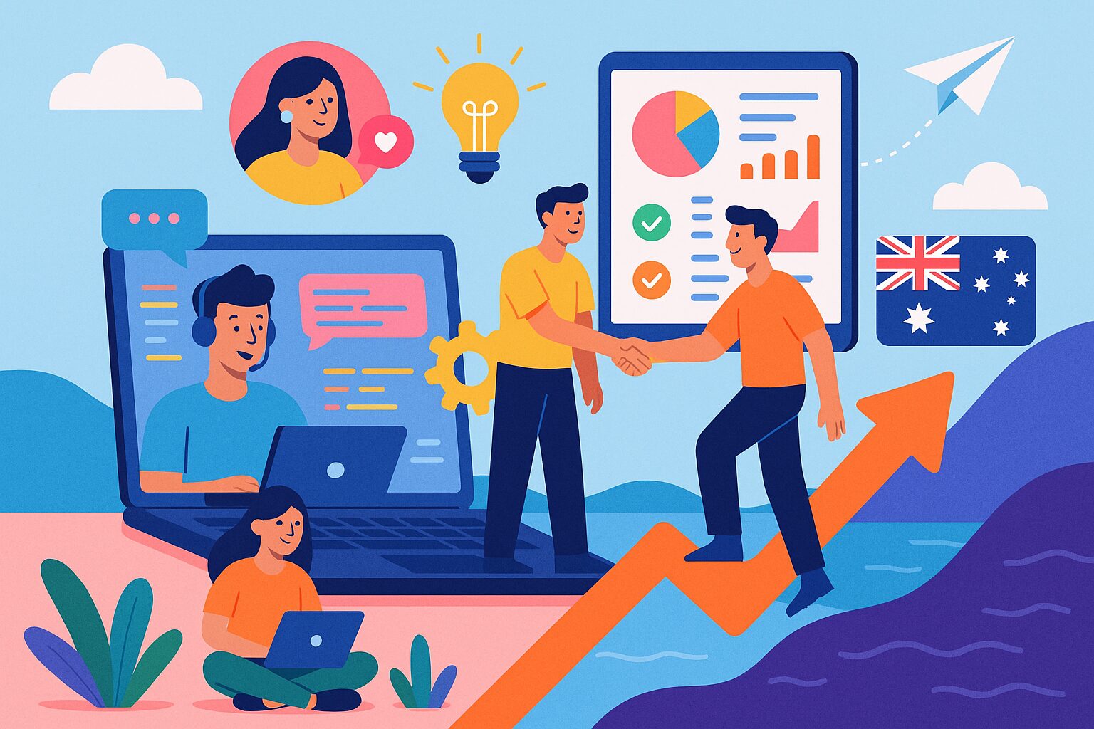 Australian CTO reviewing code on a screen with a remote team member on a video call.