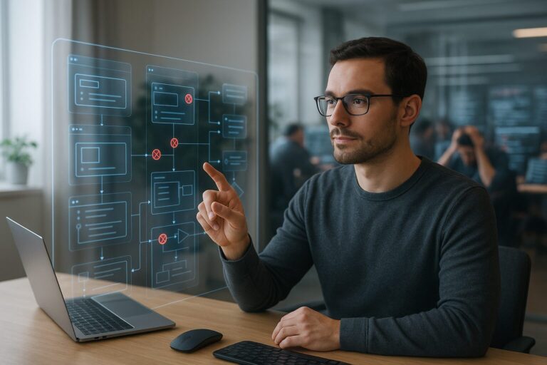 A frustrated software developer looking at a screen full of code errors, representing the need for dedicated QA.