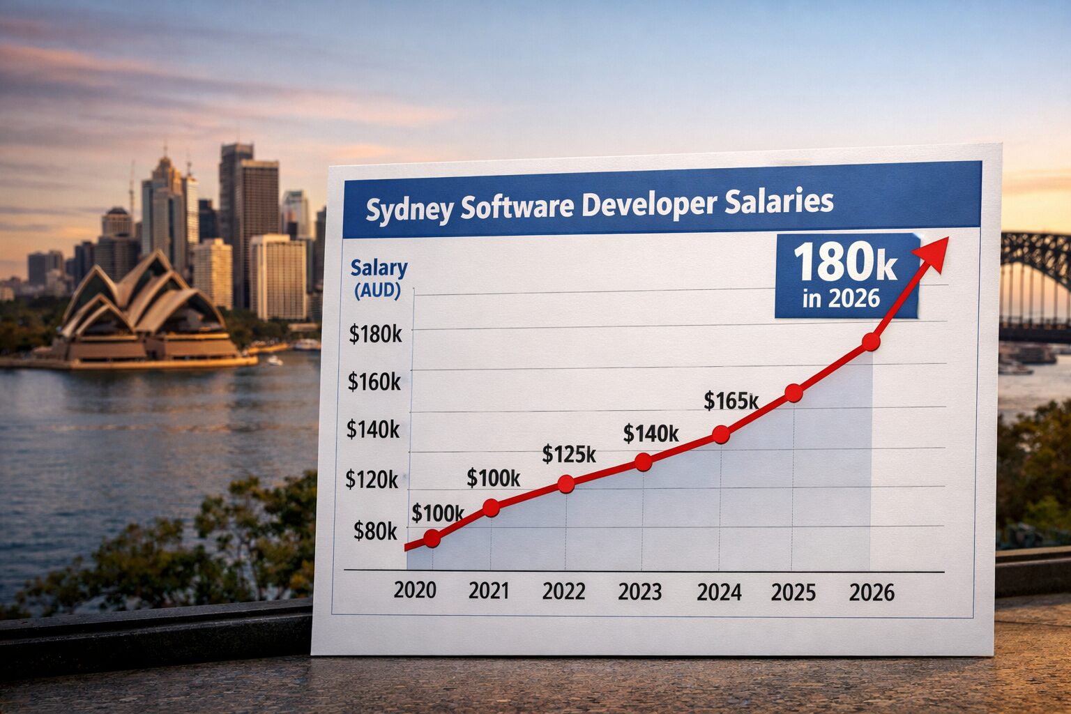 Graph showing the sharp rise of Sydney software developer salaries hitting $180k in 2026.