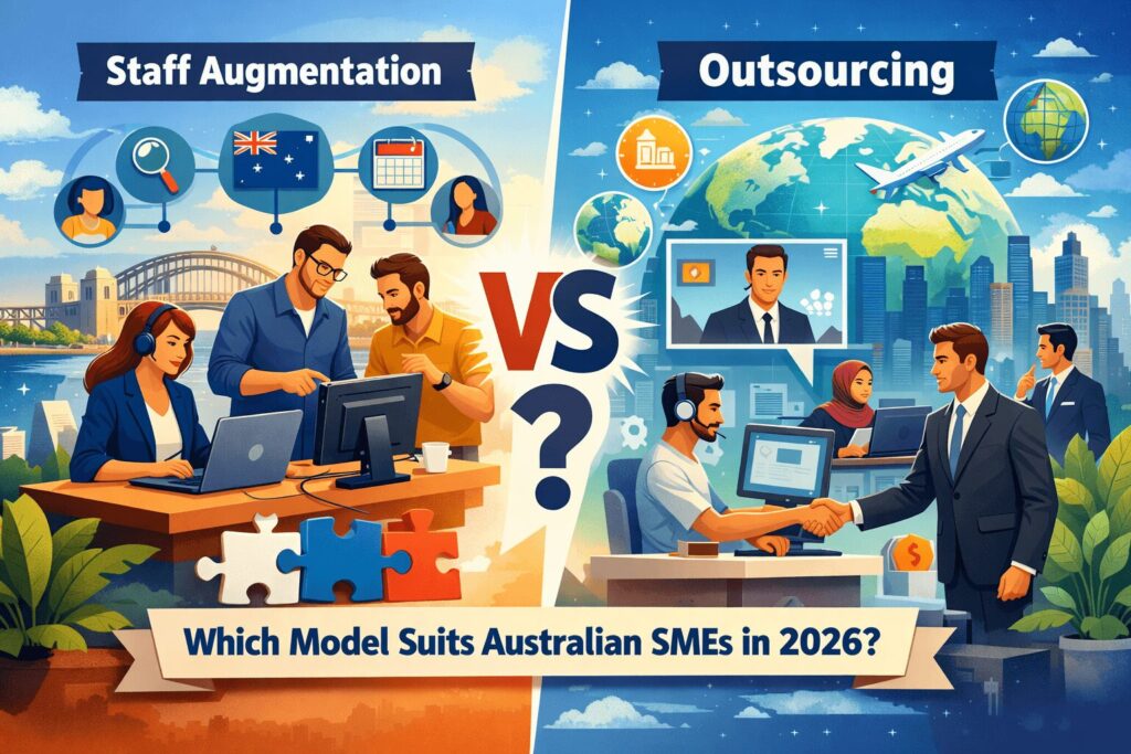 Comparison of staff augmentation vs outsourcing models on a whiteboard for Australian business strategy.