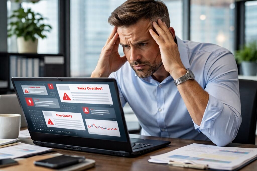 "Frustrated business owner looking at a laptop screen, representing the stress of managing poor quality offshore staff