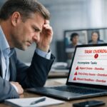 "Frustrated business owner looking at a laptop screen, representing the stress of managing poor quality offshore staff