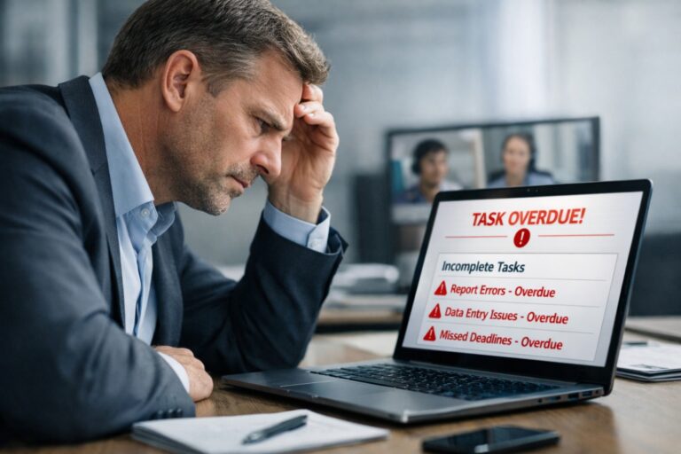 "Frustrated business owner looking at a laptop screen, representing the stress of managing poor quality offshore staff
