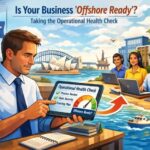 Australian business manager conducting an operational health check on a tablet before hiring offshore staff.