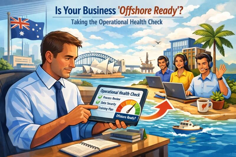 Australian business manager conducting an operational health check on a tablet before hiring offshore staff.