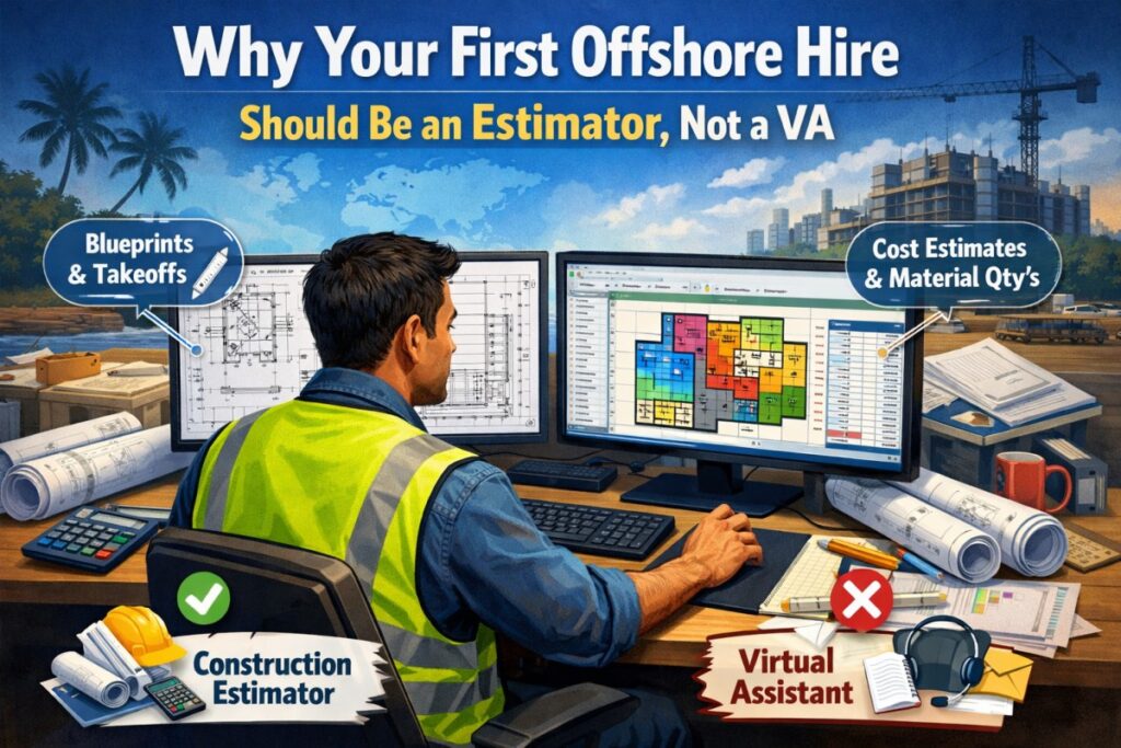 Construction estimator working on dual screens with blueprints and takeoff software.