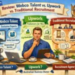 Australian business owner comparing Webco Talent, Upwork, and local recruitment options on a digital dashboard.