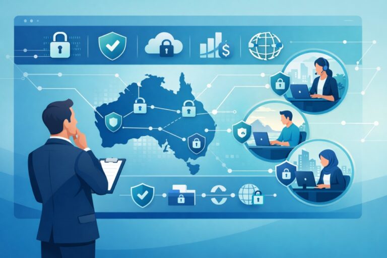 Australian accounting partner reviewing cybersecurity and data sovereignty protocols for offshore accounting staff on a digital dashboard