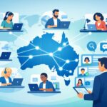 Australian business owner collaborating with a remote staffing agency team on a dual-monitor setup