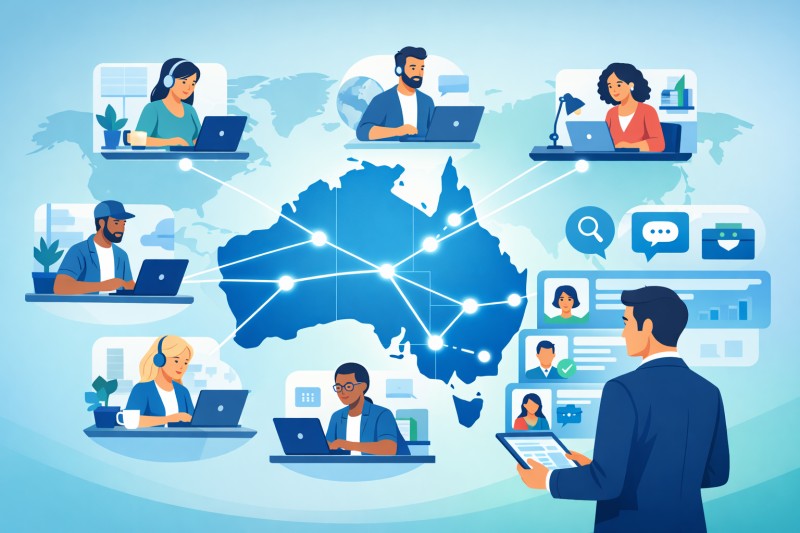 Australian business owner collaborating with a remote staffing agency team on a dual-monitor setup