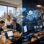 A split-screen graphic showing an Australian business office (onshore) and a remote software development team (offshore).