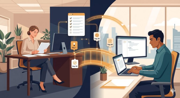 Step-by-step offshore onboarding framework illustration showing a 90-day timeline connecting an Australian manager with an offshore team member