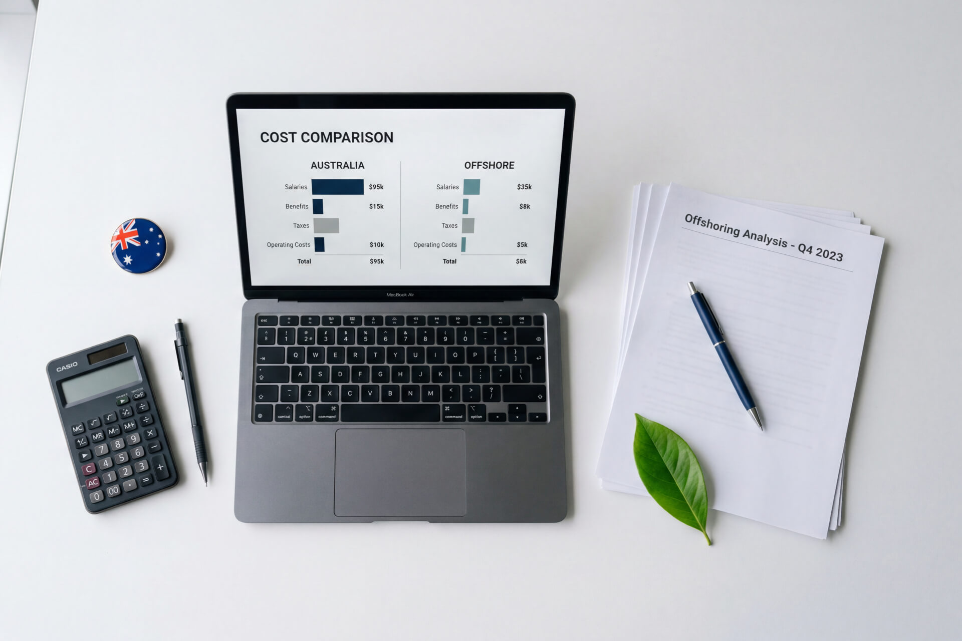 Offshore staffing cost comparison for Australian businesses 2026 - desk with laptop showing cost breakdown chart, Webco Talent"