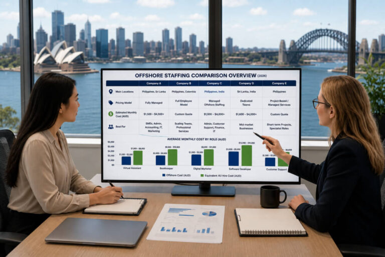 Comparison chart of Australia's top offshore staffing companies showing pricing and locations 2026