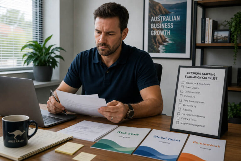 Australian business owner reviewing offshore staffing agency proposals with checklist