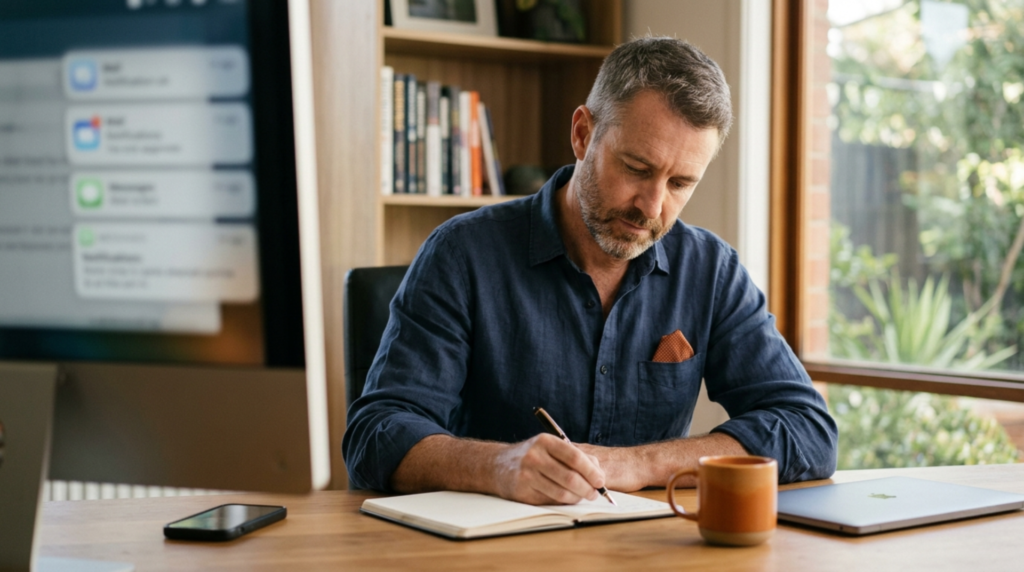 Editorial photo of an Australian business owner at a calm, uncluttered desk in deep focus on a single task