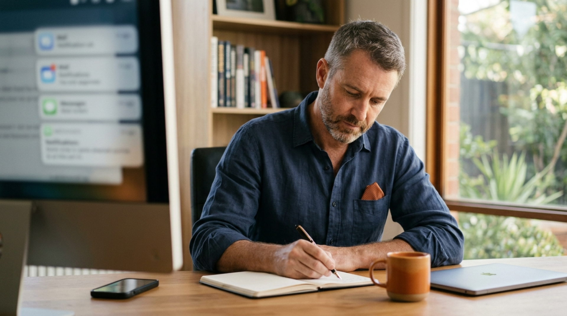 Editorial photo of an Australian business owner at a calm, uncluttered desk in deep focus on a single task