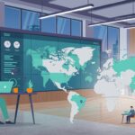 Illustration of a local Australian office team connecting via a world map to offshore team members, representing distributed hiring.