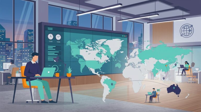 Illustration of a local Australian office team connecting via a world map to offshore team members, representing distributed hiring.