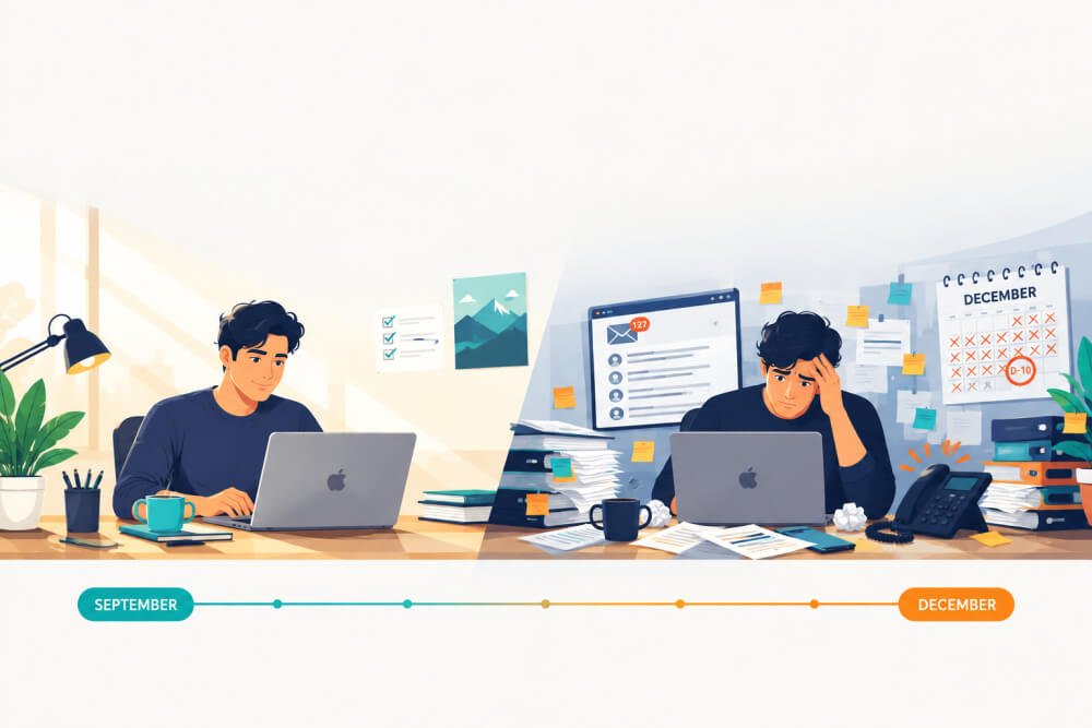 A split illustration showing a calm September workspace transitioning into an overwhelmed December workspace, representing how end-of-year business pressure builds gradually.