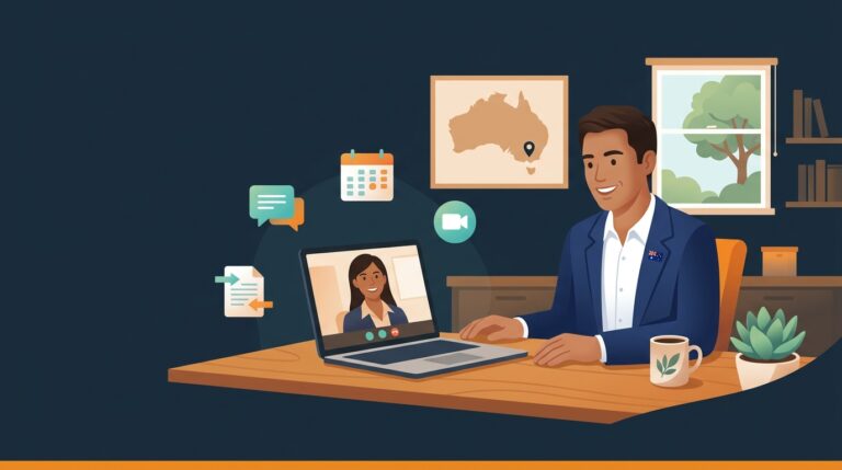 Australian business owner on a video call with an offshore team member, with collaboration tools around them
